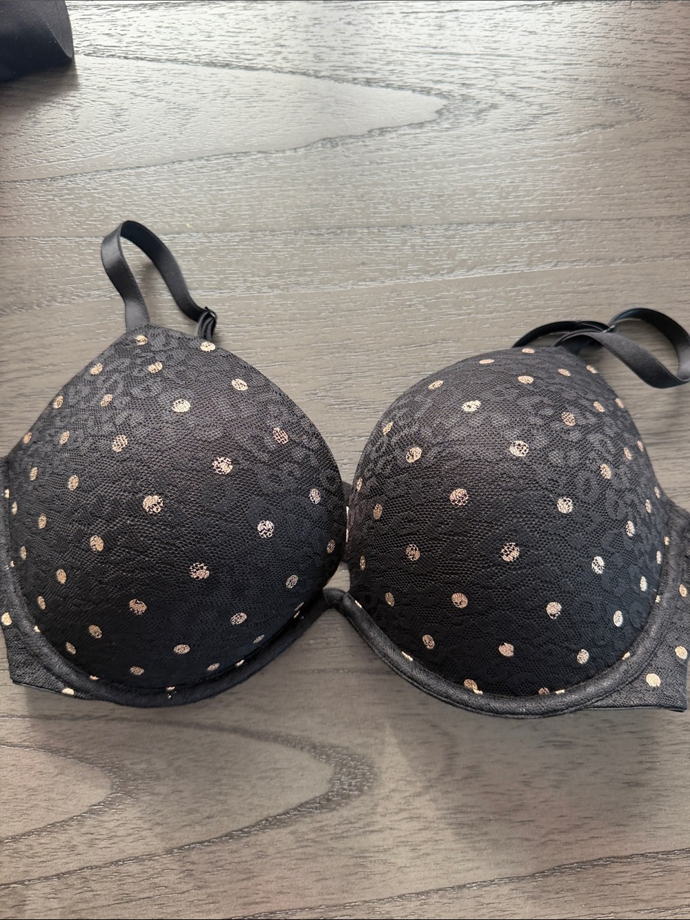PINK Victoria's Secret Black Lace Push-Up Bra with Gold Polka Dots